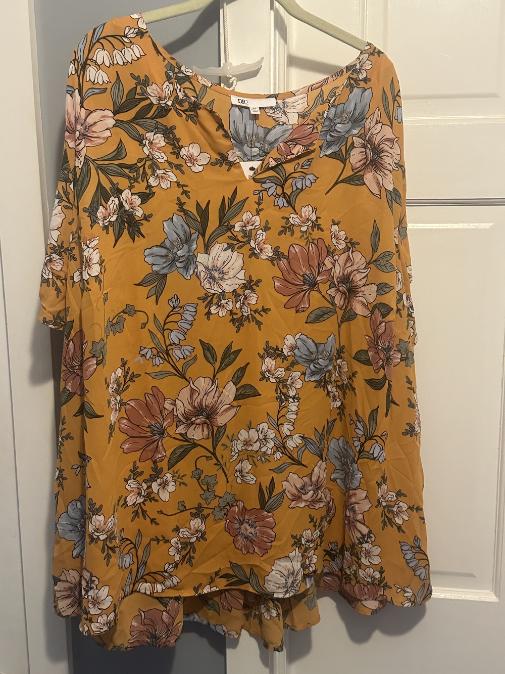 DR2 Mustard Yellow Floral Print Blouse 4X NWT